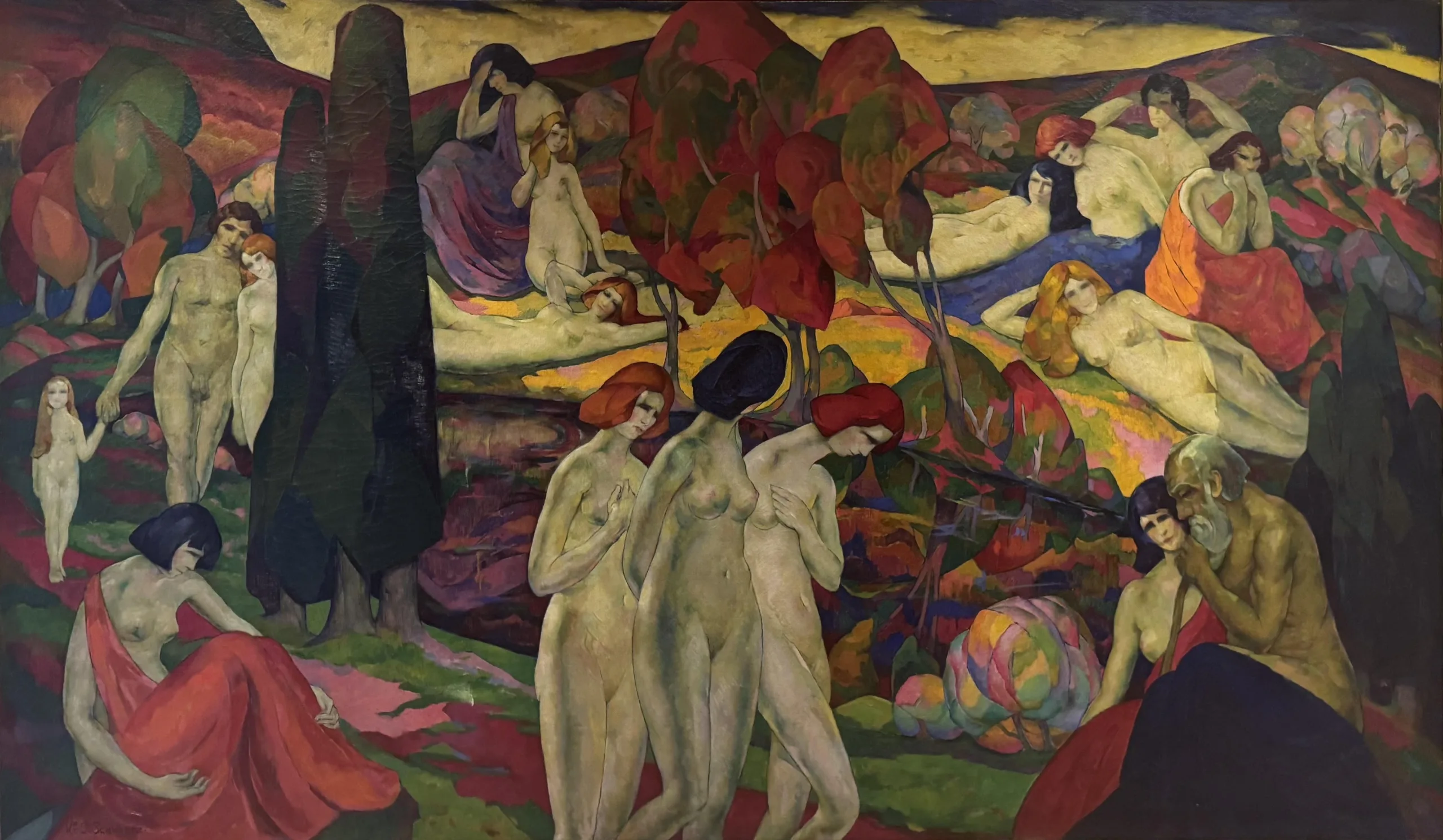 A Published and Widely Exhibited Oil From 1924 by William S. Schwartz titled Utopia, with Dedication to the French Humanist Romain Rolland. Canvas, 45 x 76 Inches